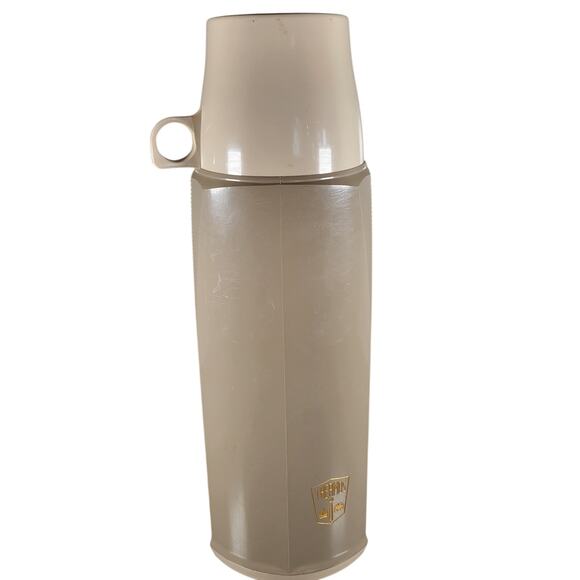 Vintage Thermos Brand 2404 Quart-Size Vacuum Flask Beige w/ Cups & Lid - Picture 2 of 13